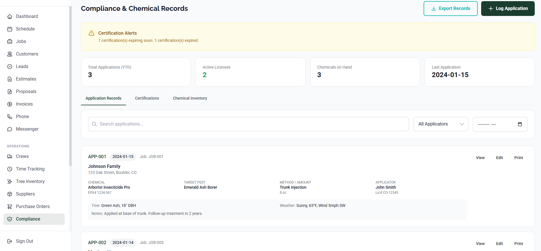 Arbor Dash compliance dashboard with chemical application records and certification tracking