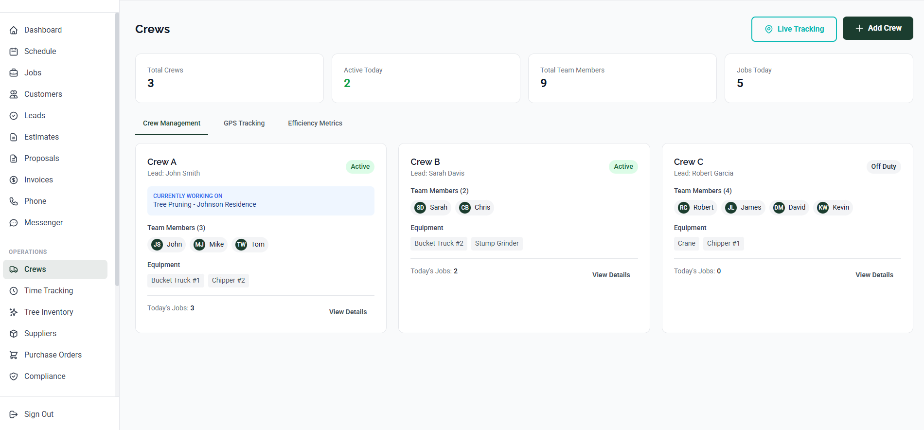Arbor Dash crew management interface showing team assignments and GPS tracking
